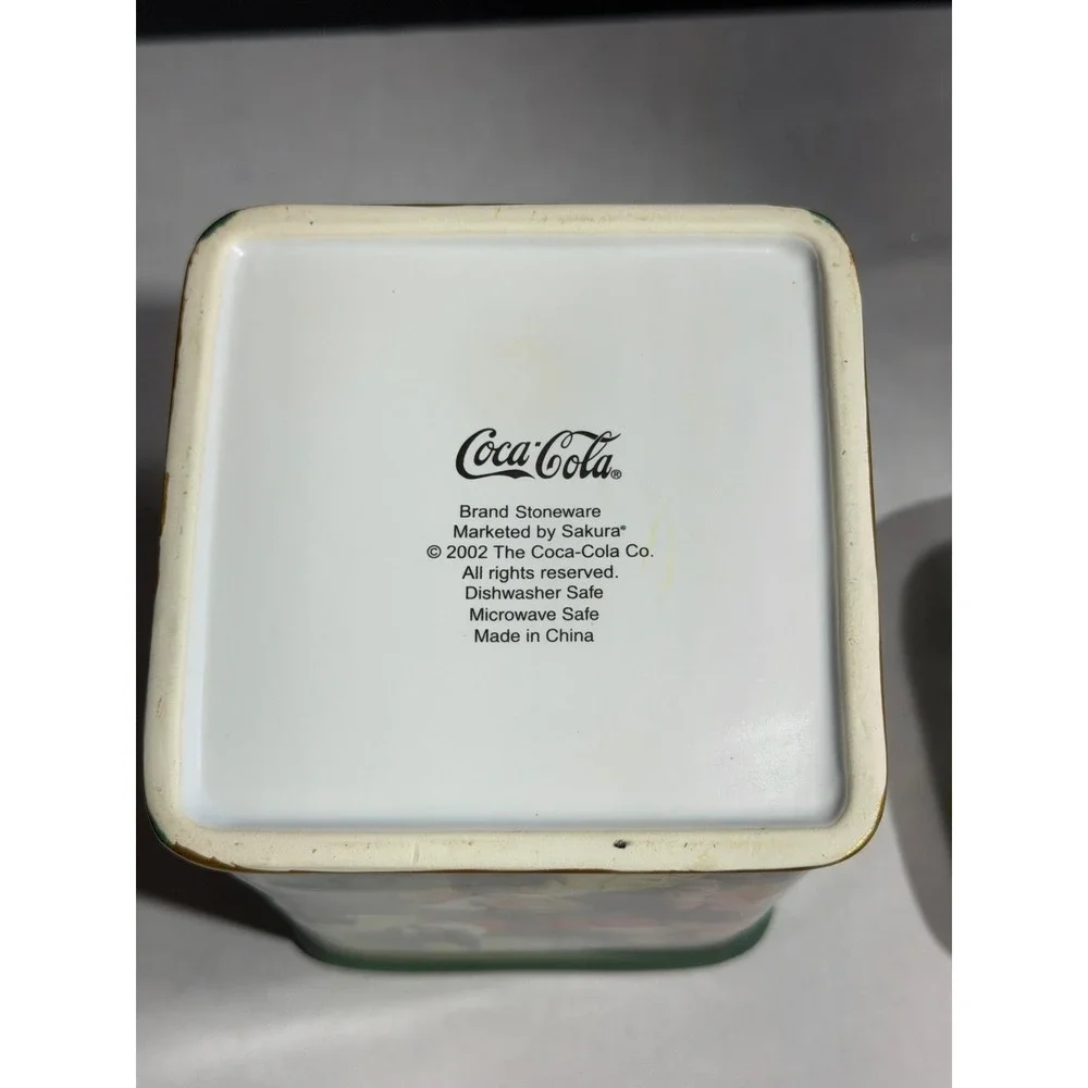Coca-Cola Sakura Stoneware Christmas Santa Canister Jar Green Gold Trim 2002